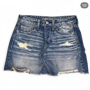 American Eagle Outfitters Blue Denim Skirt with Rips & Frayed Hem